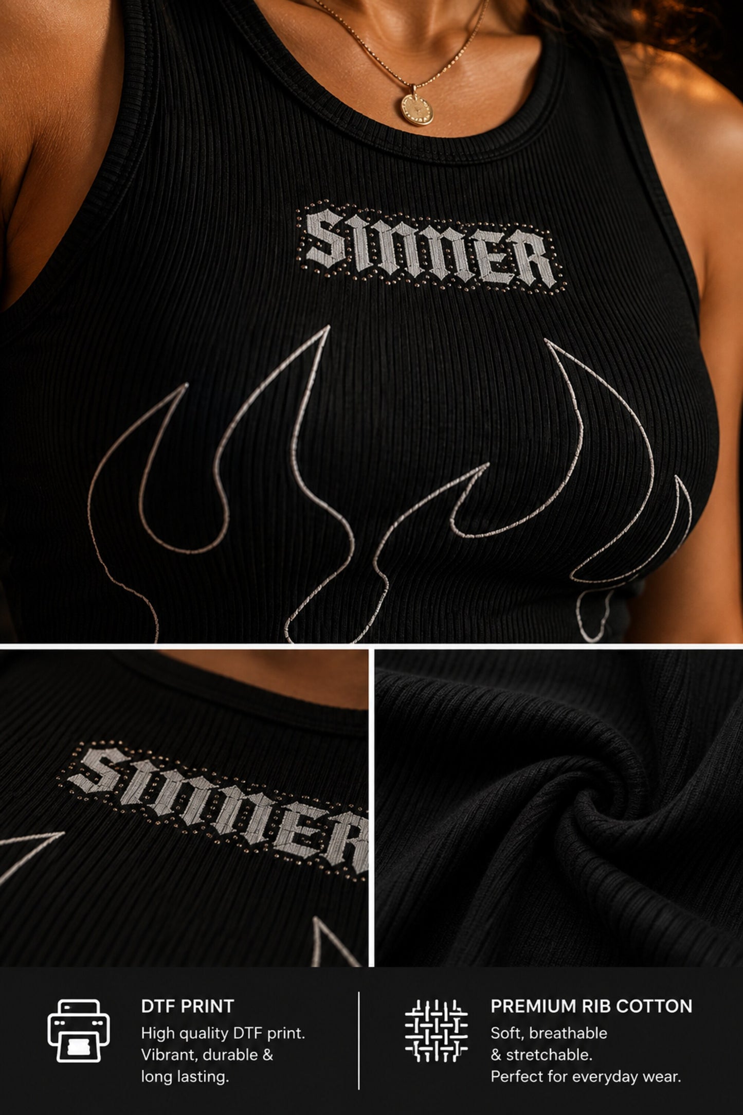 Black ribbed crop tank top with SINNER text and fire graphic DTF print dark alt aesthetic edgy women fitted sleeveless shirt