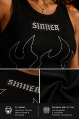 Black ribbed crop tank top with SINNER text and fire graphic DTF print dark alt aesthetic edgy women fitted sleeveless shirt