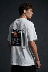 Model wearing white POPCASE Sir Lewis Hamilton oversized t shirt with Still We Rise 44 graphic and signature on chest