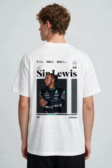 Model wearing white POPCASE Sir Lewis Hamilton oversized t shirt with Still We Rise 44 graphic and signature on chest