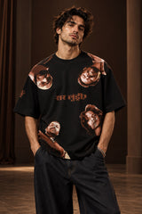 Black oversized tshirt with all-over character face meme print and Hindi text, available in black red beige, drop shoulder boxy fit, men India - black