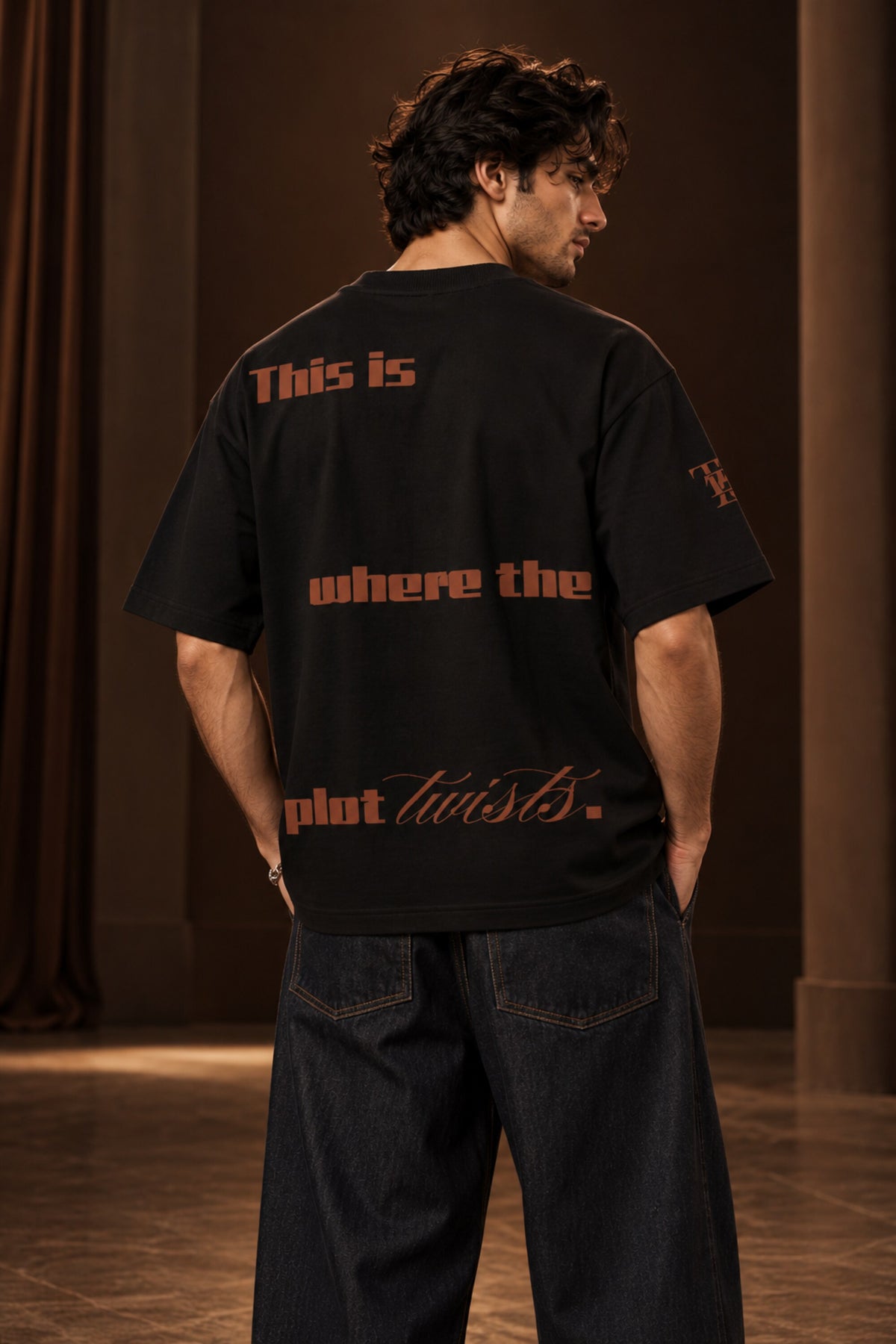 Black oversized tshirt with all-over character face meme print and Hindi text, available in black red beige, drop shoulder boxy fit, men India