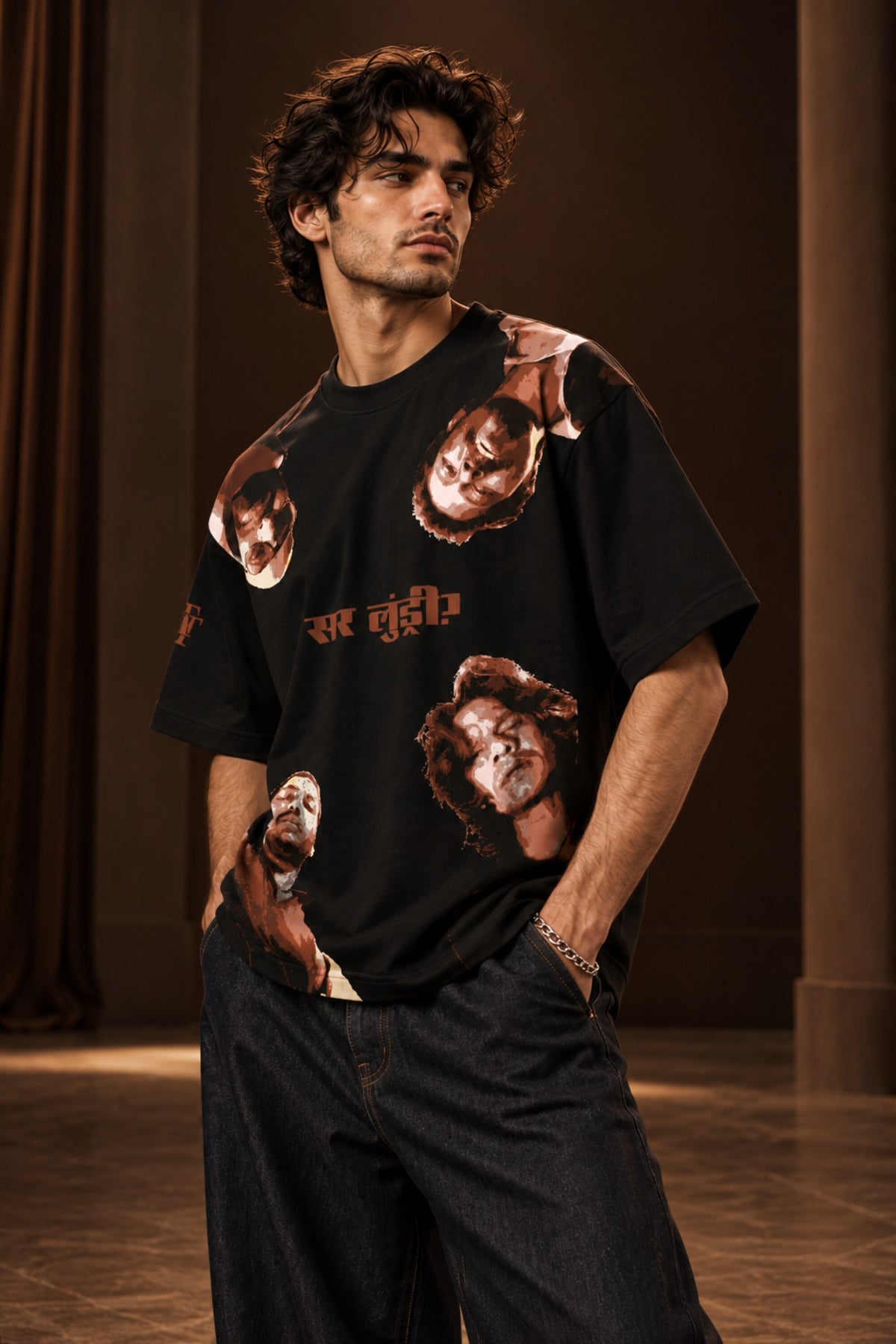 Black oversized tshirt with all-over character face meme print and Hindi text, available in black red beige, drop shoulder boxy fit, men India