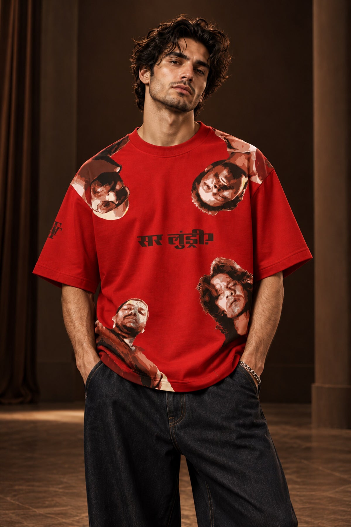 Black oversized tshirt with all-over character face meme print and Hindi text, available in black red beige, drop shoulder boxy fit, men India - red