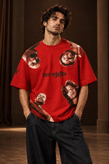 Black oversized tshirt with all-over character face meme print and Hindi text, available in black red beige, drop shoulder boxy fit, men India - red