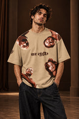 Black oversized tshirt with all-over character face meme print and Hindi text, available in black red beige, drop shoulder boxy fit, men India - beige