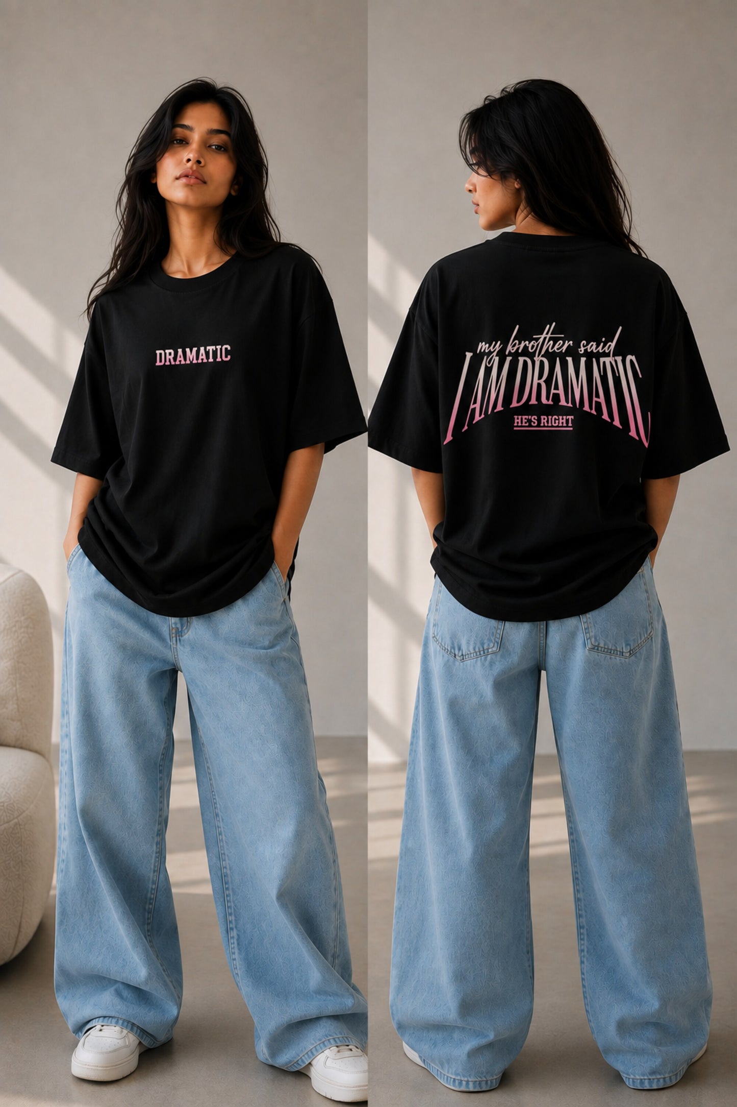 White oversized t-shirt with bold blue DRAMATIC varsity block text front print 220 GSM HD print oversized fit - black