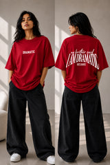 White oversized t-shirt with bold blue DRAMATIC varsity block text front print 220 GSM HD print oversized fit - red
