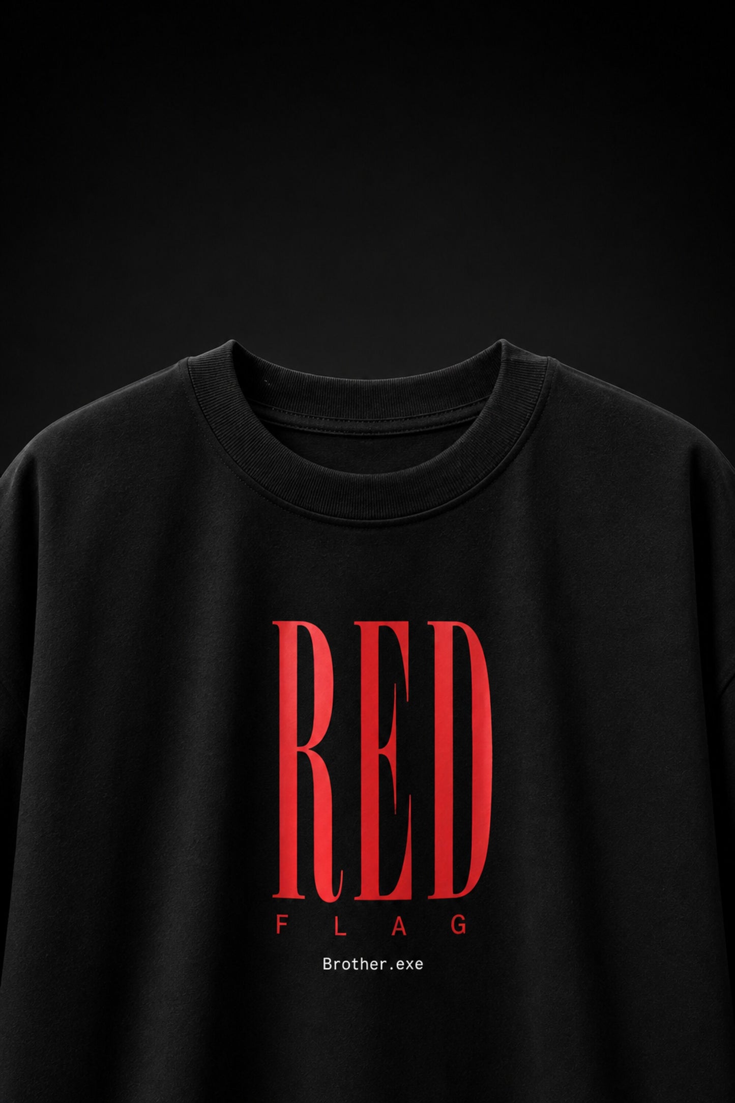 Black oversized t-shirt with my sister said I attract red flags she's right back print in red and white gothic arch text