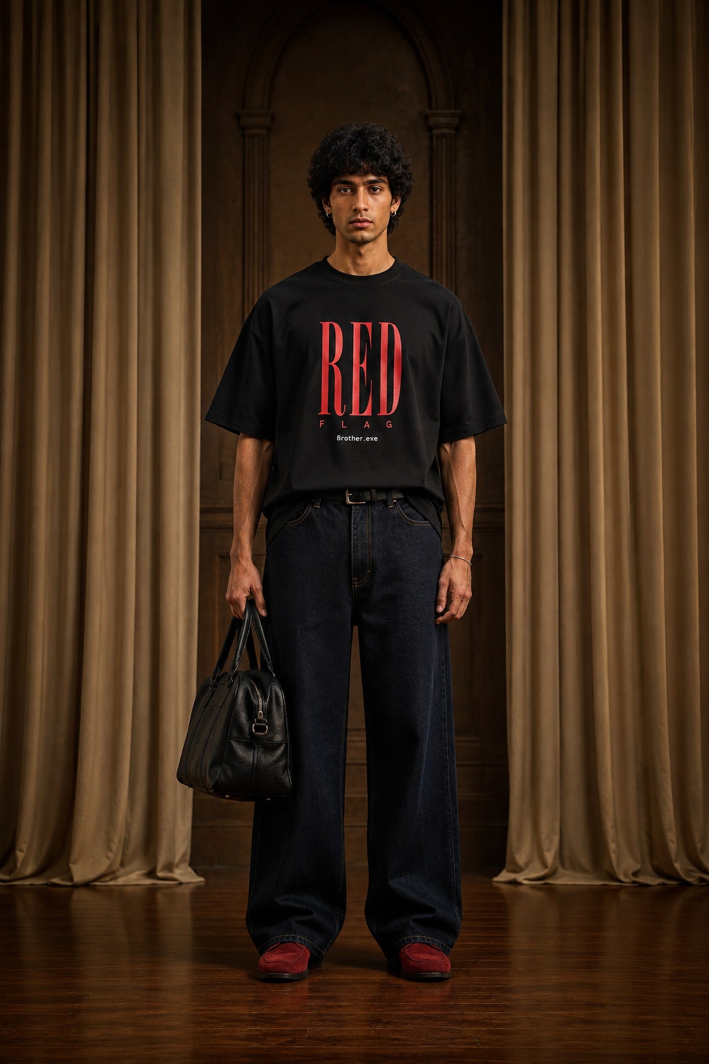 Black oversized t-shirt with my sister said I attract red flags she's right back print in red and white gothic arch text