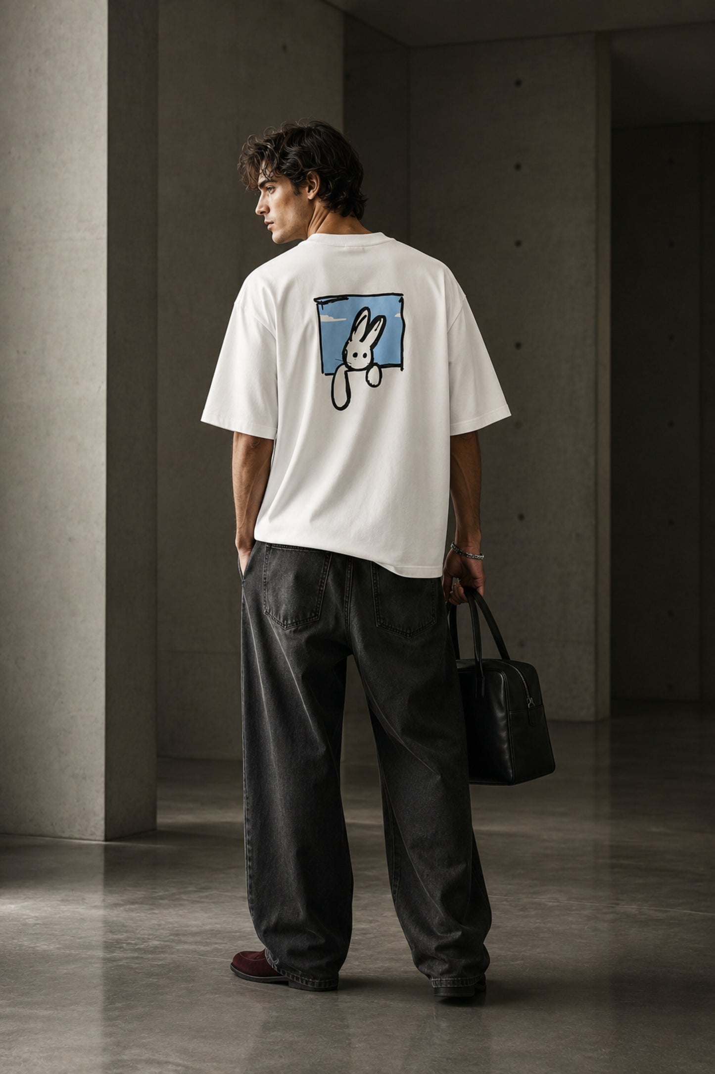 White oversized t-shirt with cute cartoon bunny peeking through sky blue window frame back print