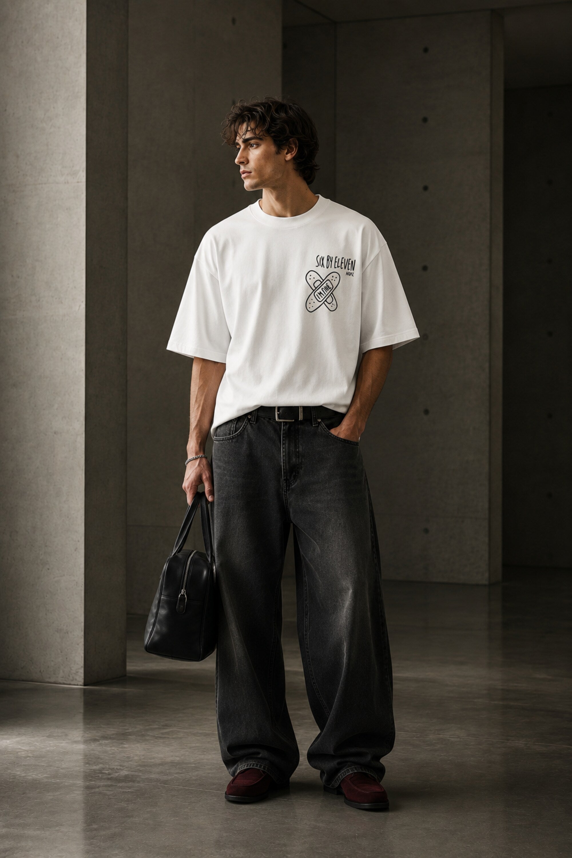 White oversized t-shirt with cute cartoon bunny peeking through sky blue window frame back print