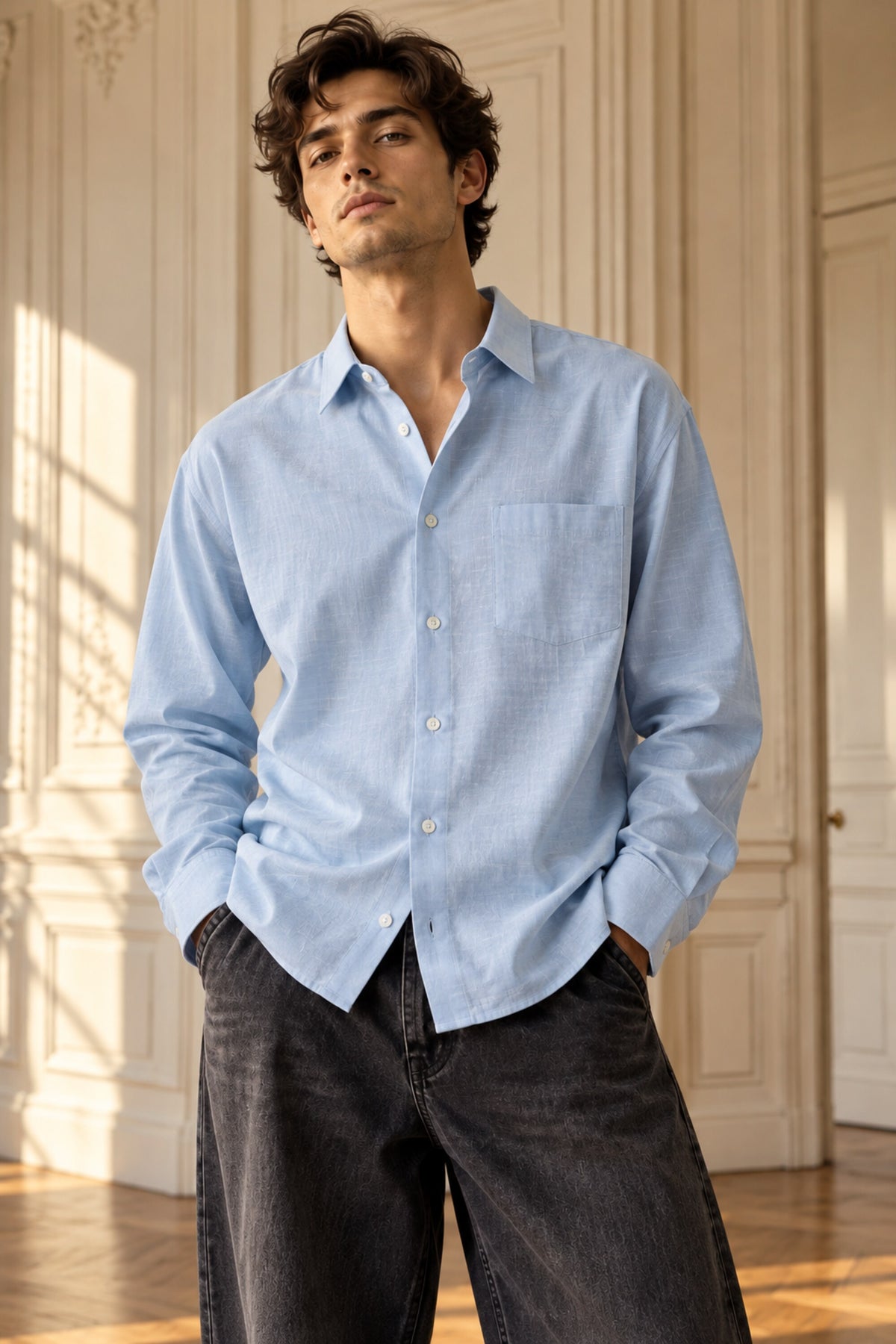 Sky blue minimal full sleeve shirt with small chest pocket and cuffed sleeves, 100% cotton relaxed fit, men India