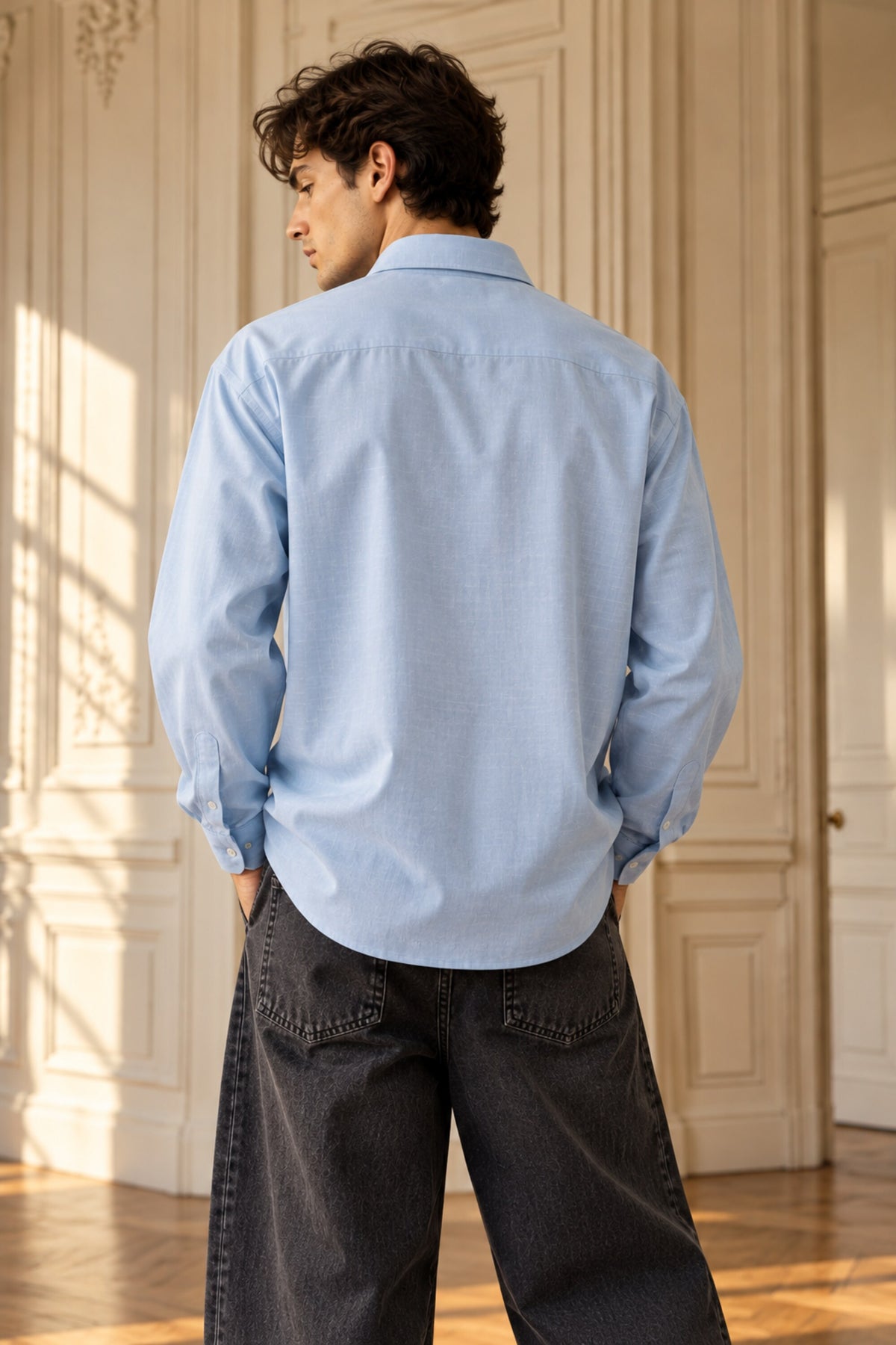 Sky blue minimal full sleeve shirt with small chest pocket and cuffed sleeves, 100% cotton relaxed fit, men India
