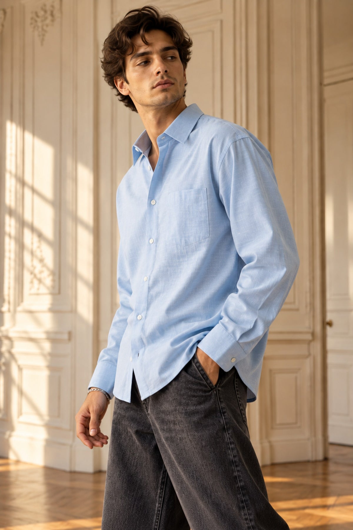 Sky blue minimal full sleeve shirt with small chest pocket and cuffed sleeves, 100% cotton relaxed fit, men India