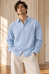 Sky blue minimal full sleeve shirt with small chest pocket and cuffed sleeves, 100% cotton relaxed fit, men India