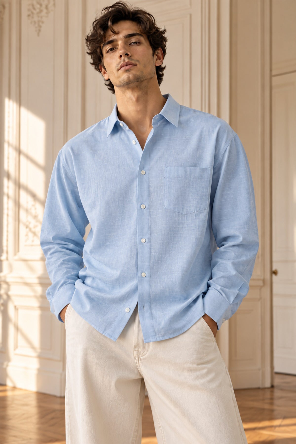 Sky blue minimal full sleeve shirt with small chest pocket and cuffed sleeves, 100% cotton relaxed fit, men India