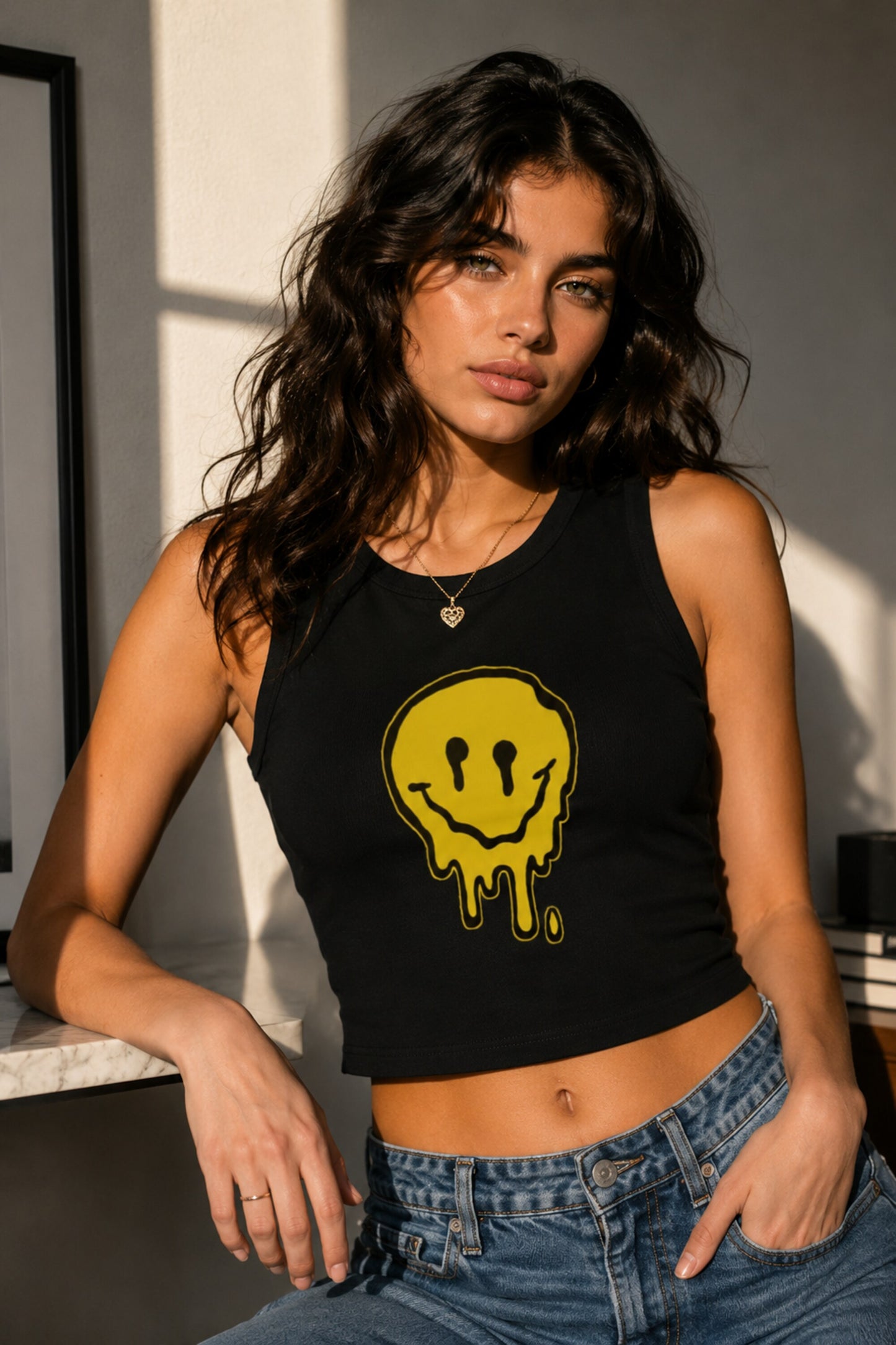 Black ribbed crop tank top with gold smiley skull and chain graphic design dark Y2K alt aesthetic women fitted sleeveless top
