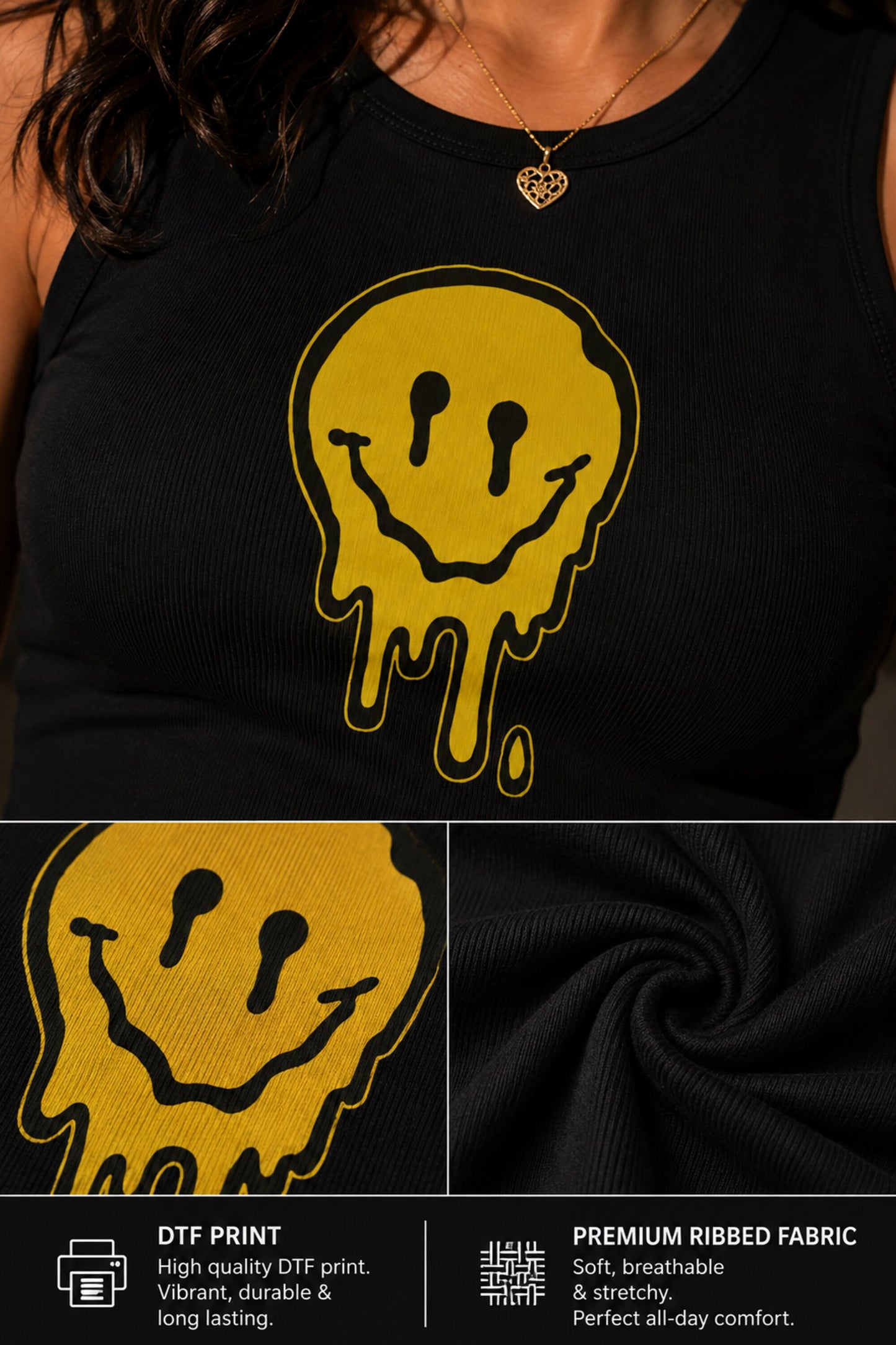 Black ribbed crop tank top with gold smiley skull and chain graphic design dark Y2K alt aesthetic women fitted sleeveless top