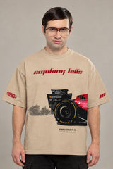 Beige oversized tshirt with smoking kills red script and Ferrari F1 racing car No.16 print on front, drop shoulder boxy fit, men India