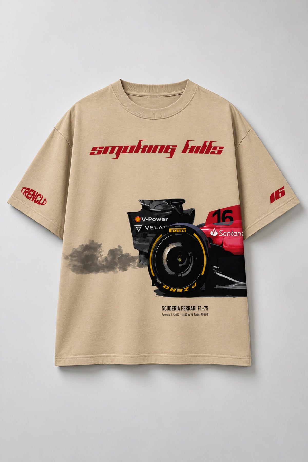 Beige oversized tshirt with smoking kills red script and Ferrari F1 racing car No.16 print on front, drop shoulder boxy fit, men India
