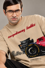 Beige oversized tshirt with smoking kills red script and Ferrari F1 racing car No.16 print on front, drop shoulder boxy fit, men India
