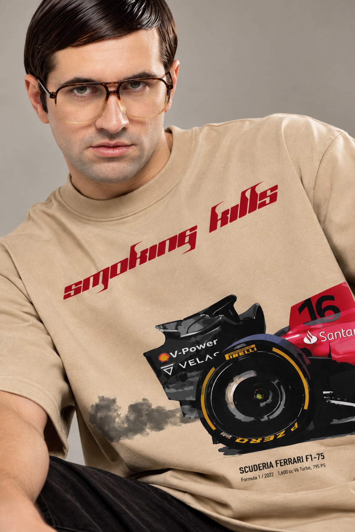 Beige oversized tshirt with smoking kills red script and Ferrari F1 racing car No.16 print on front, drop shoulder boxy fit, men India