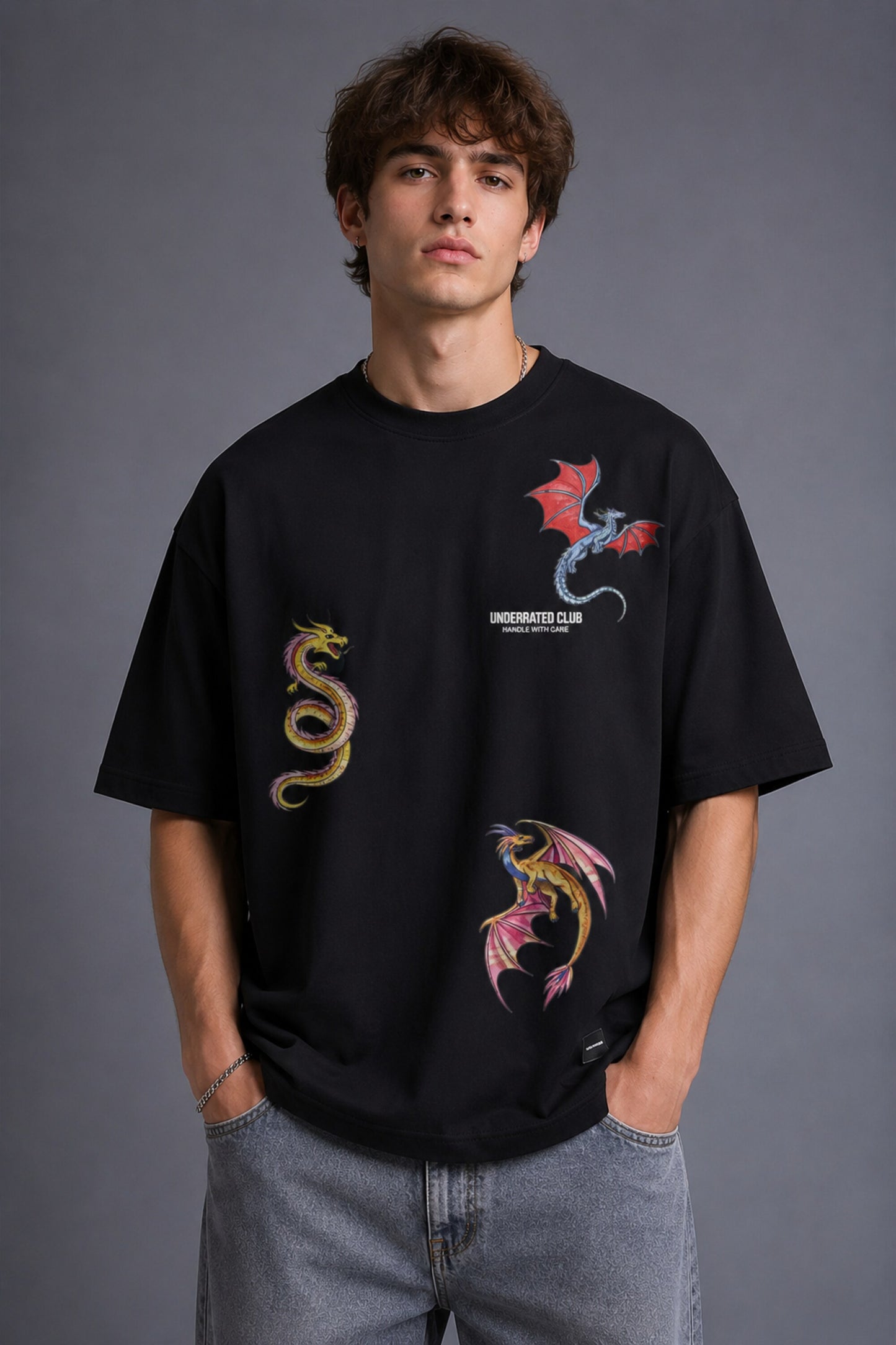 POPCASE Snake Dragon Korean oversized graphic t shirt with multi-dragon serpent mythology print streetwear available in black and white
