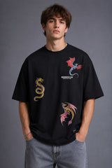POPCASE Snake Dragon Korean oversized graphic t shirt with multi-dragon serpent mythology print streetwear available in black and white