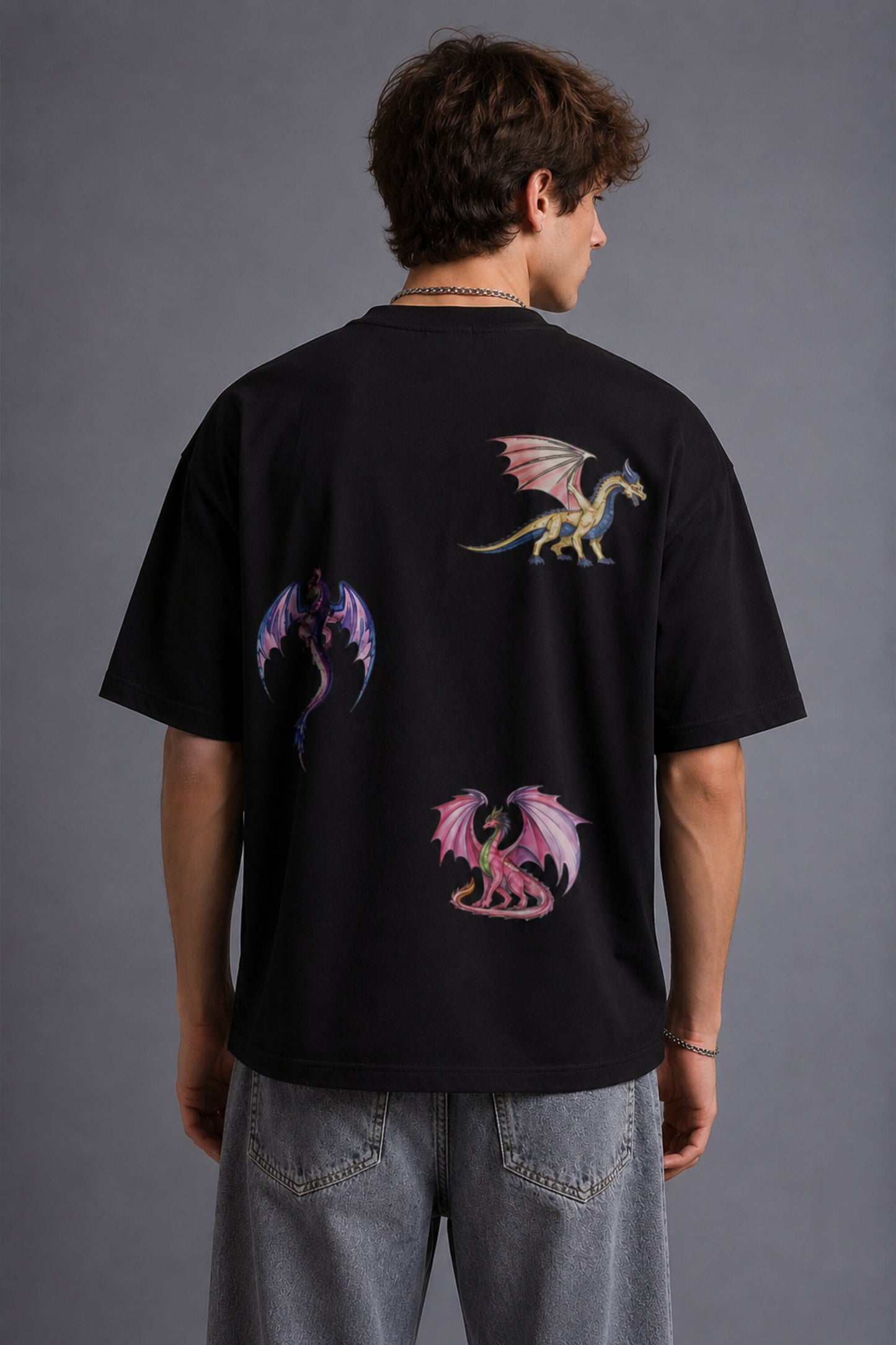 POPCASE Snake Dragon Korean oversized graphic t shirt with multi-dragon serpent mythology print streetwear available in black and white