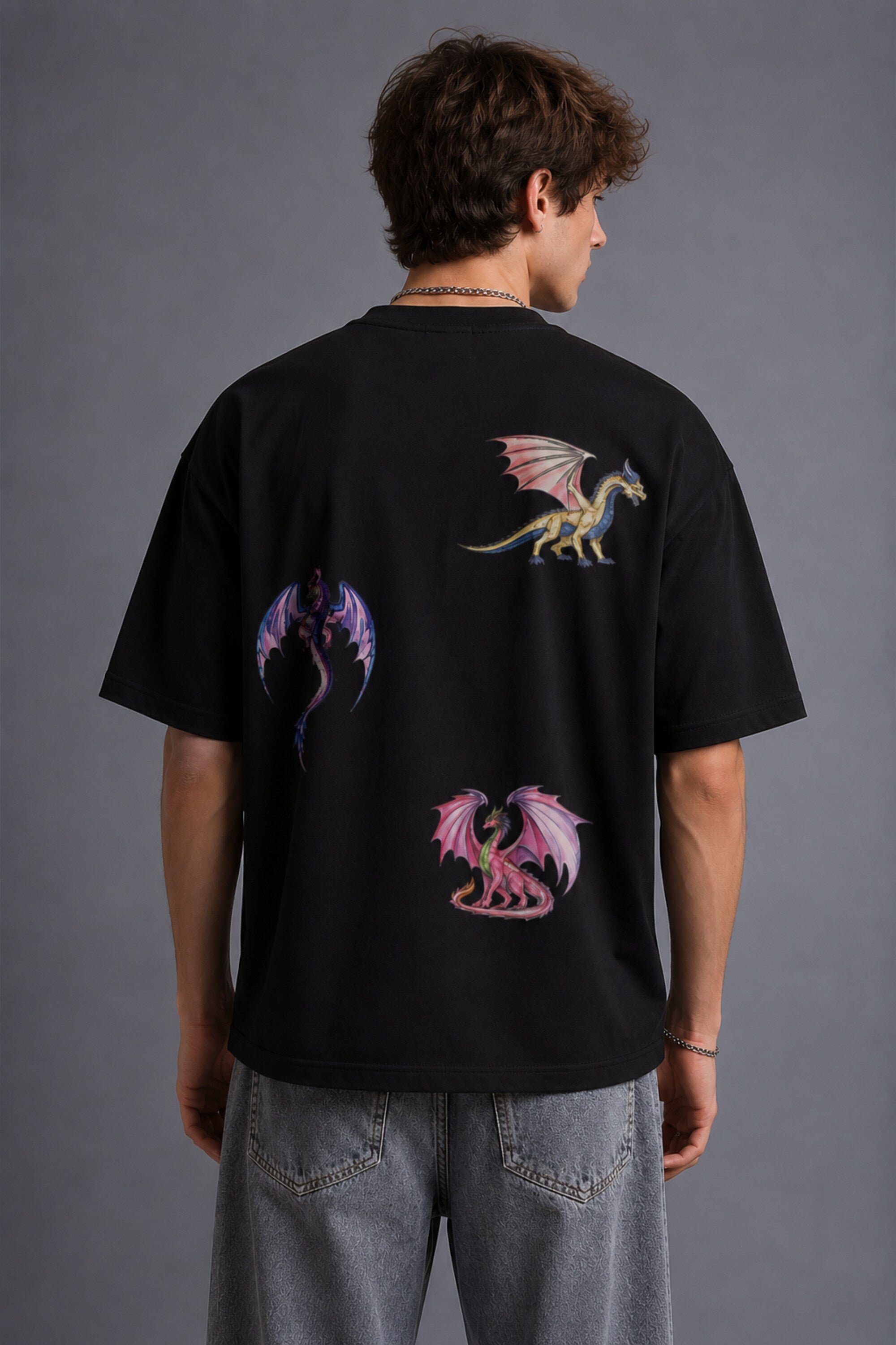 POPCASE Snake Dragon Korean oversized graphic t shirt with multi-dragon serpent mythology print streetwear available in black and white