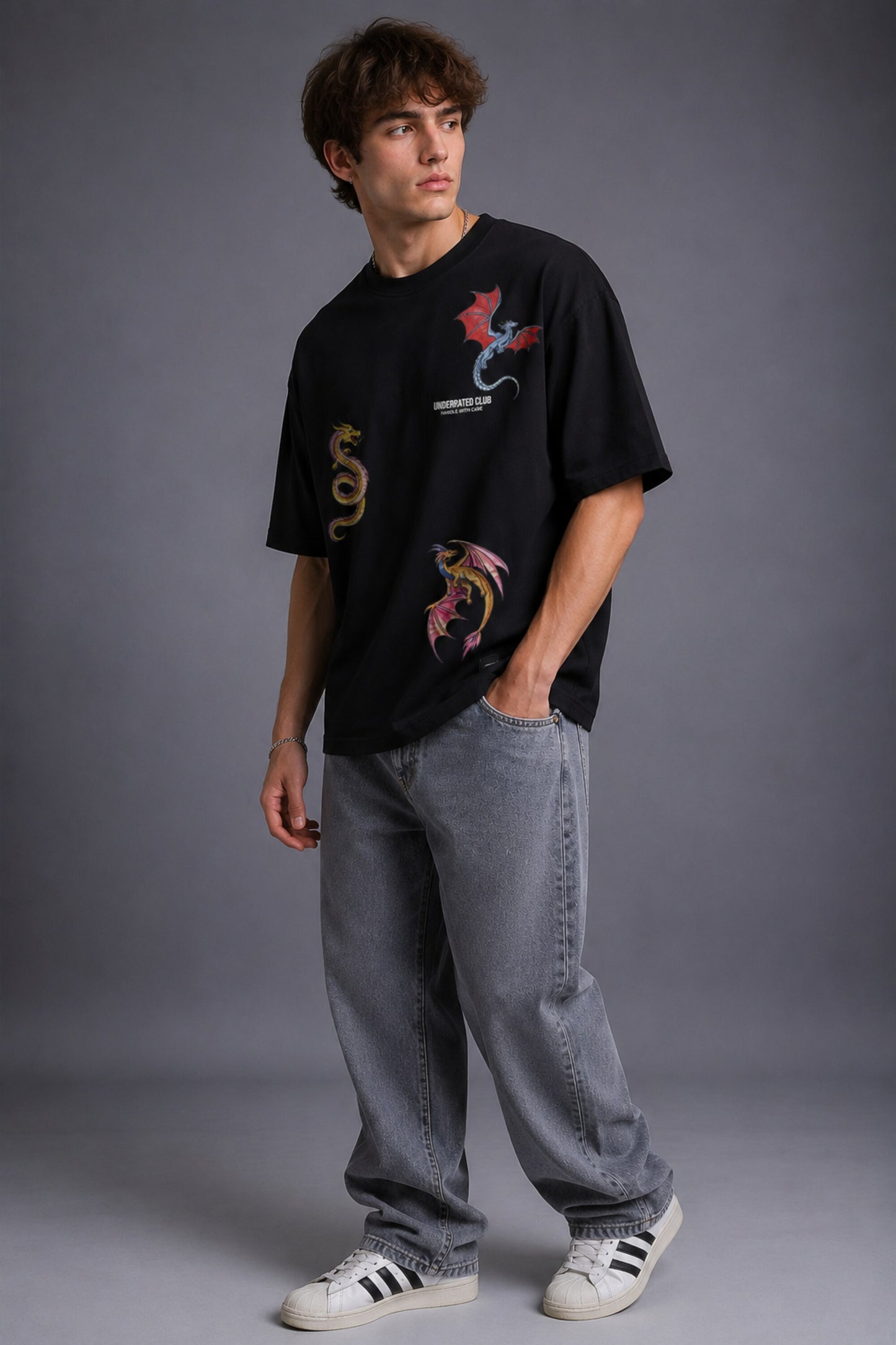 POPCASE Snake Dragon Korean oversized graphic t shirt with multi-dragon serpent mythology print streetwear available in black and white