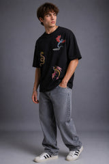 POPCASE Snake Dragon Korean oversized graphic t shirt with multi-dragon serpent mythology print streetwear available in black and white