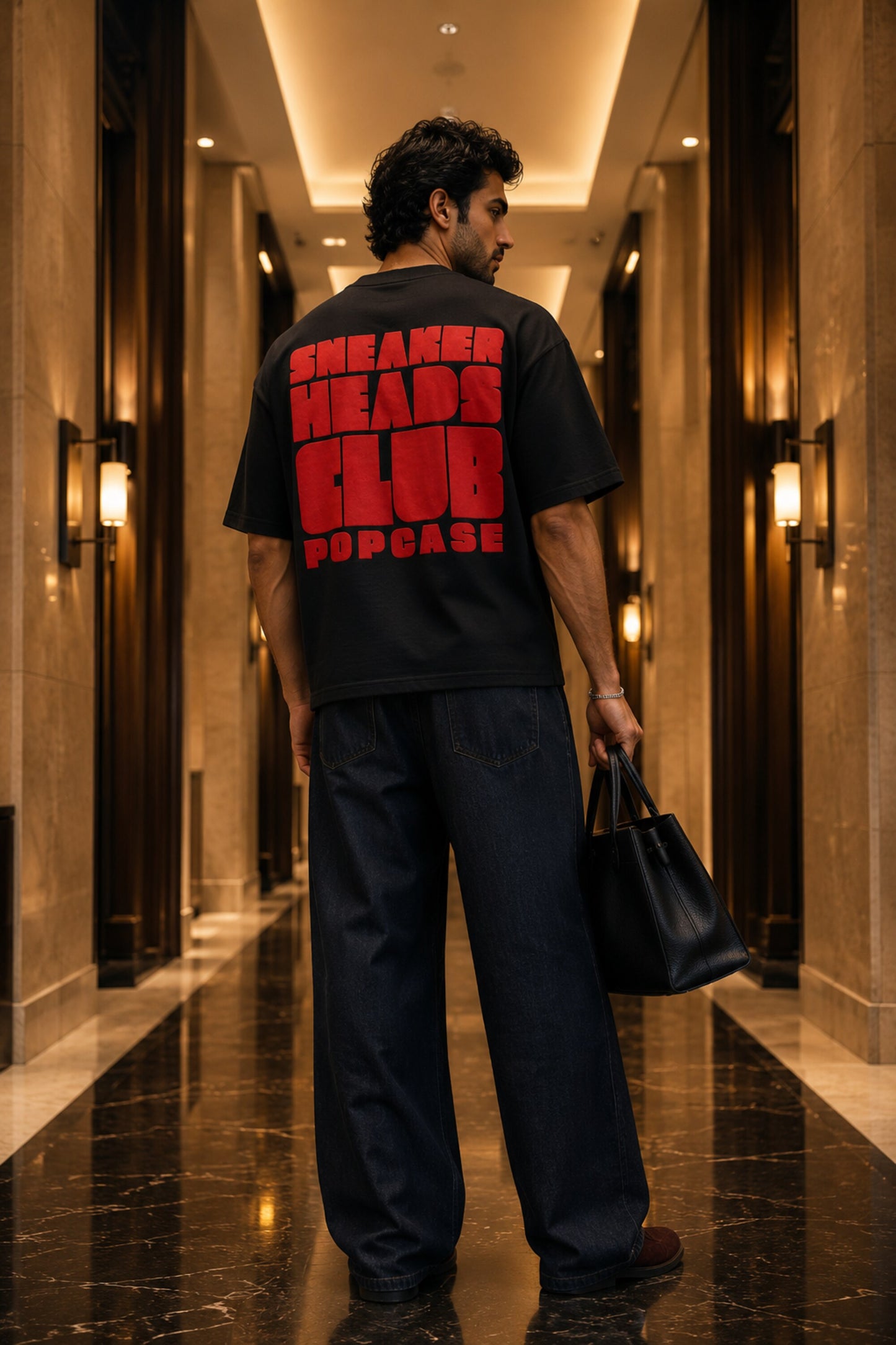 Black oversized t-shirt with Air Jordan 1 Bred sneaker chest graphic illustration