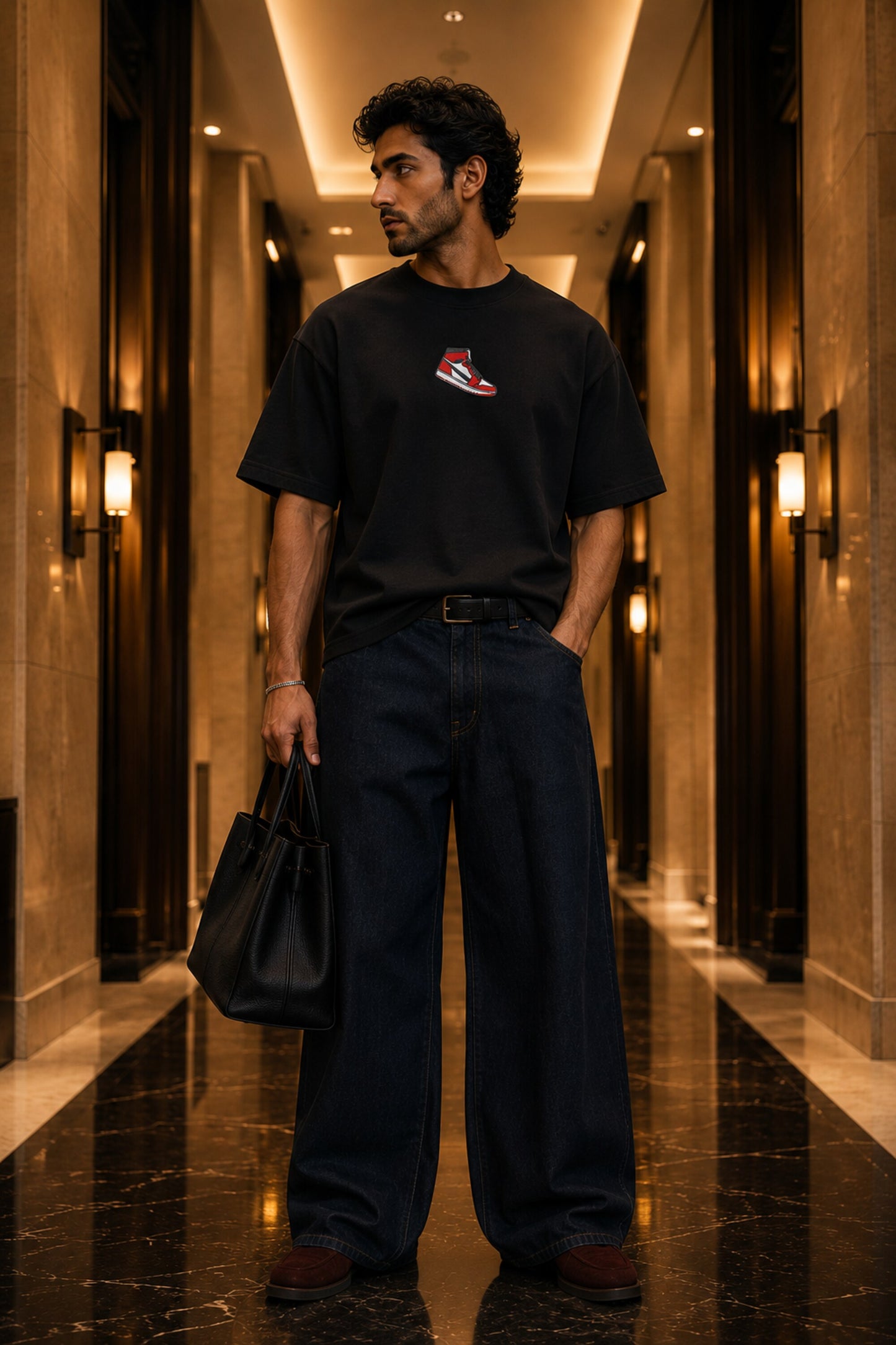 Black oversized t-shirt with Air Jordan 1 Bred sneaker chest graphic illustration