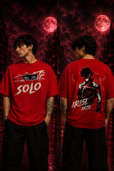 Black oversized tshirt with Sung Jinwoo eyes and SOLO graffiti text print from Solo Leveling manhwa anime - red