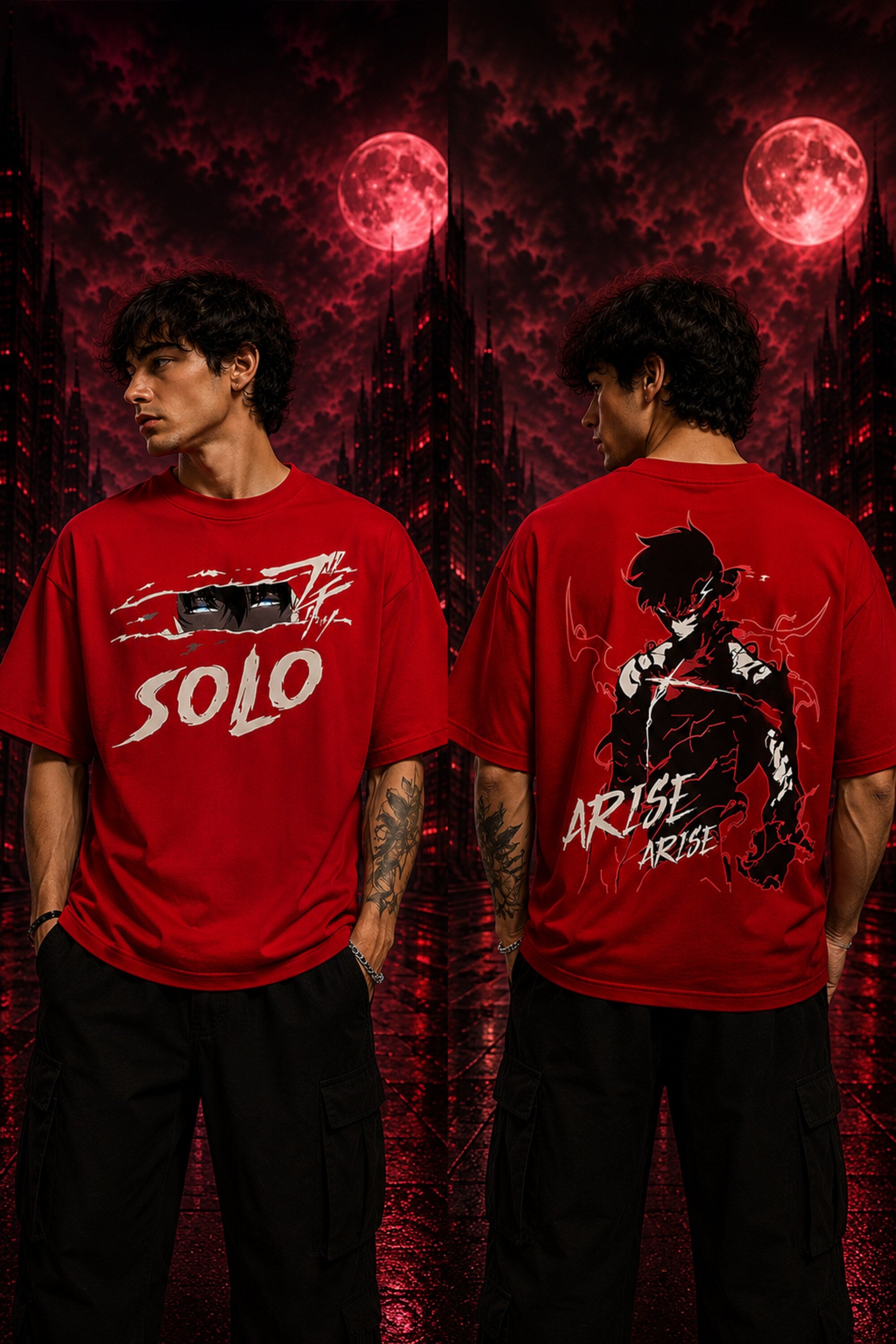 Black oversized tshirt with Sung Jinwoo eyes and SOLO graffiti text print from Solo Leveling manhwa anime - red