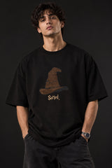 Beige Harry Potter oversized tshirt with Sorting Hat graphic and Sorted text HD print on front chest - black