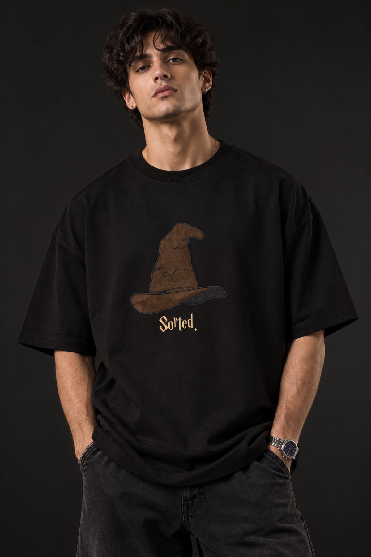 Beige Harry Potter oversized tshirt with Sorting Hat graphic and Sorted text HD print on front chest - black