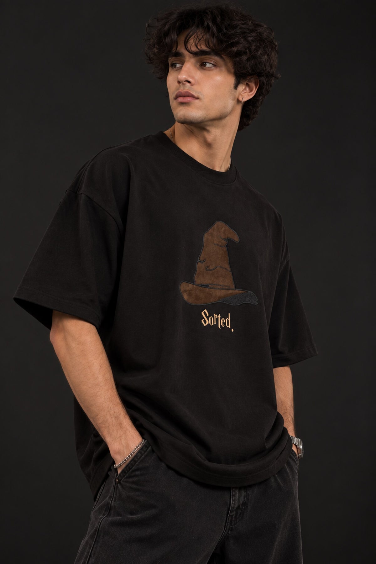 Beige Harry Potter oversized tshirt with Sorting Hat graphic and Sorted text HD print on front chest