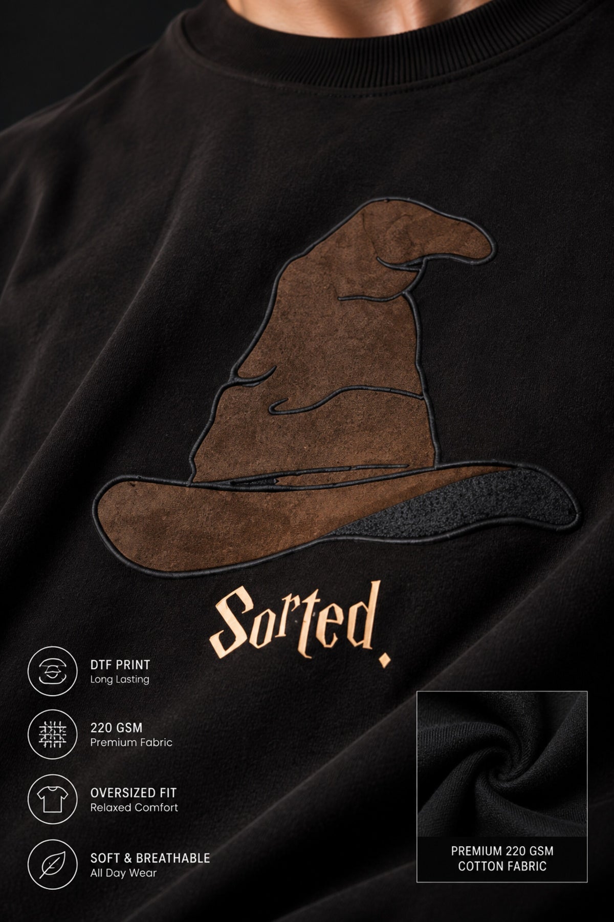 Beige Harry Potter oversized tshirt with Sorting Hat graphic and Sorted text HD print on front chest