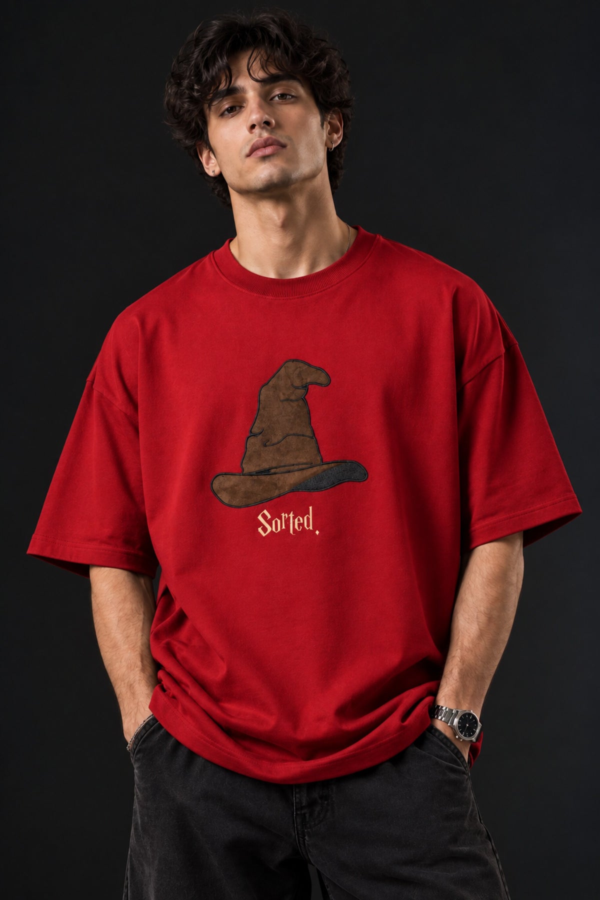 Beige Harry Potter oversized tshirt with Sorting Hat graphic and Sorted text HD print on front chest - red