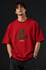 Beige Harry Potter oversized tshirt with Sorting Hat graphic and Sorted text HD print on front chest - red