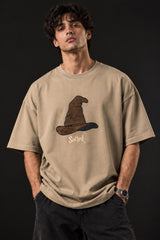 Beige Harry Potter oversized tshirt with Sorting Hat graphic and Sorted text HD print on front chest - beige