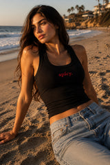 Black ribbed crop tank top with bold spicy lowercase text DTF graphic print athletic baddie aesthetic women fitted sleeveless top