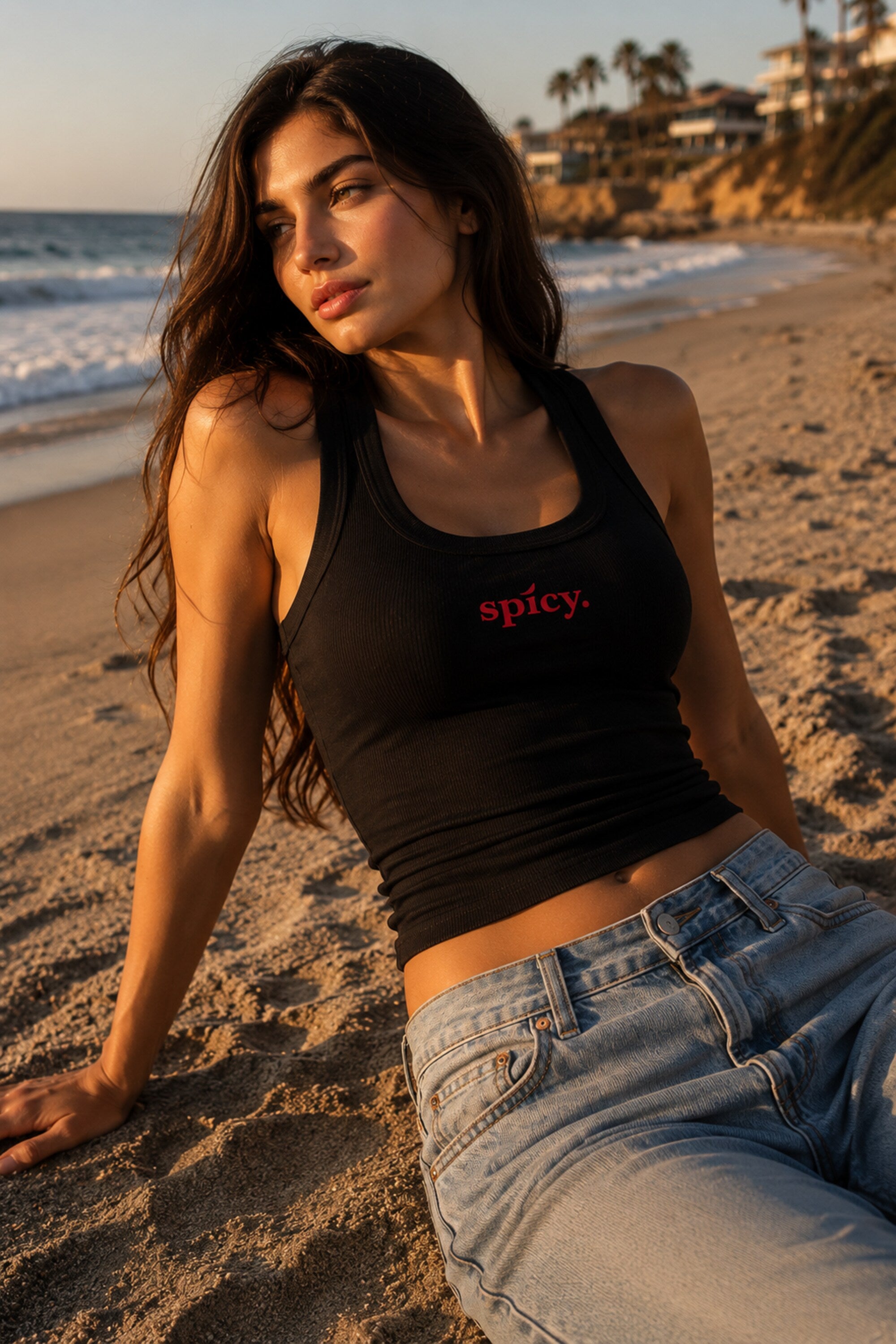 Black ribbed crop tank top with bold spicy lowercase text DTF graphic print athletic baddie aesthetic women fitted sleeveless top