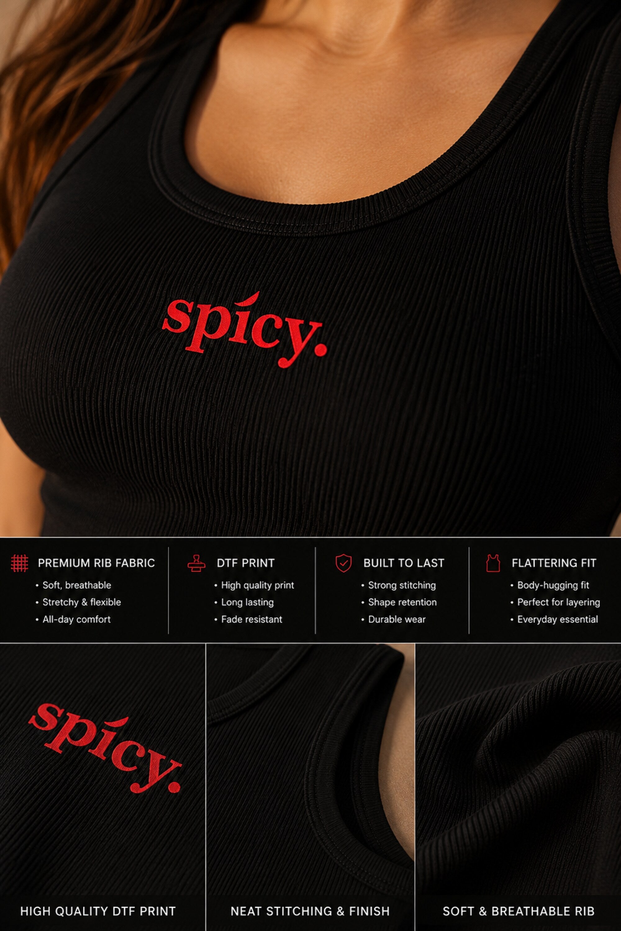 Black ribbed crop tank top with bold spicy lowercase text DTF graphic print athletic baddie aesthetic women fitted sleeveless top