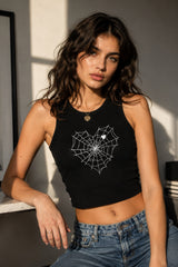 Black ribbed crop tank top with large white spiderweb graphic and heart center DTF print gothic dark alt coquette aesthetic women top - black