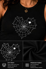 Black ribbed crop tank top with large white spiderweb graphic and heart center DTF print gothic dark alt coquette aesthetic women top