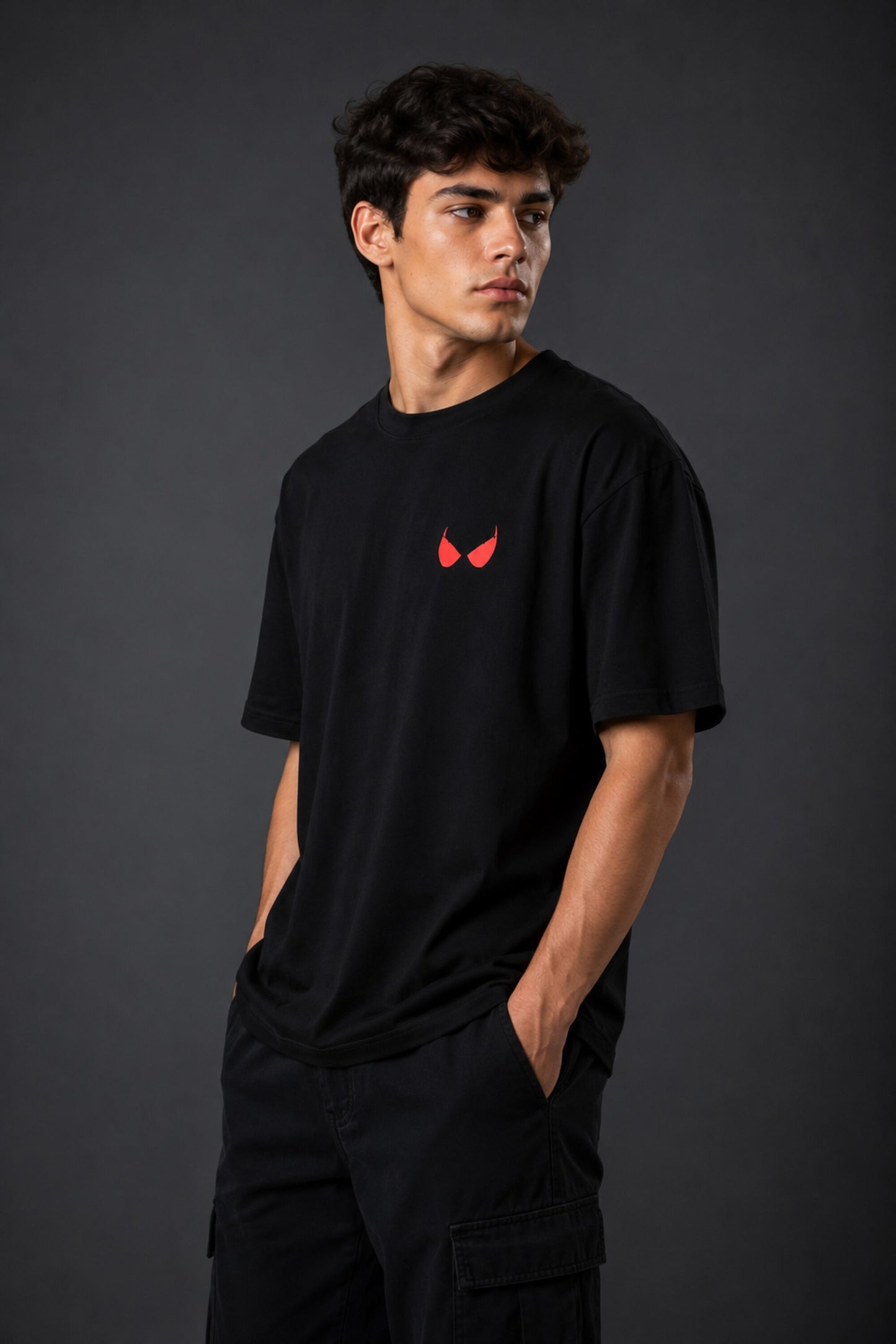 POPCASE Spiderman black oversized t shirt with red spider back logo and eye graphic front premium cotton streetwear